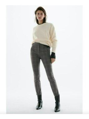 ZARA Plaid Elastic Waist Gray Beige Jogger Pants Comfortable Work Trousers Small